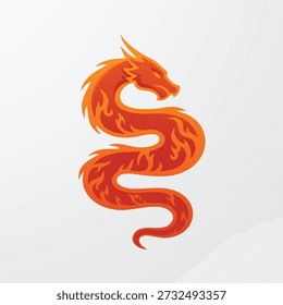 Vibrant red dragon with flames and horns curled up in a dynamic pose
