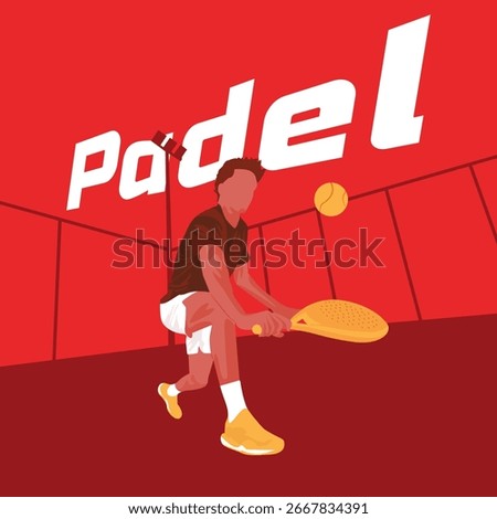 Vibrant red dynamic illustration of a padel player, captured from a unique perspective that emphasizes energy, movement, and modern sports style.