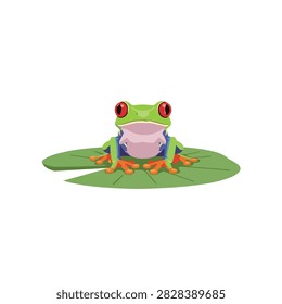 Vibrant Red Eyed Tree Frog Illustration Sitting on a Green Water Lily Pad Isolated on White Background