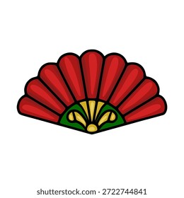 Una Ilustración vectorial de abanico rojo vibrante con intrincados adornos verdes y amarillos, presentada sobre un fondo blanco limpio.