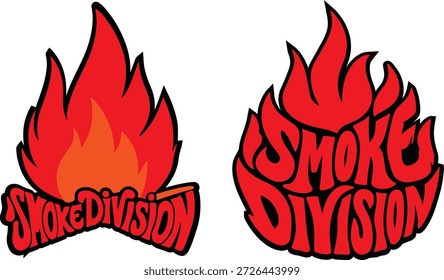 Un vibrante Vector de llama de fuego rojo con tipografía personalizada 'Smoke Division'. Este atrevido diseño inspirado en la ropa de calle es perfecto para estampados de camisetas, sudaderas con capucha, pegatinas y marcas urbanas. El conjunto incluye dos variaciones: una con texto en la parte inferior y otra integrada dentro de la forma de la llama.