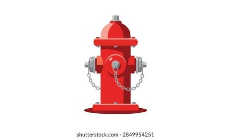 vibrant red fire hydrant featuring steel chains and metallic valve details depicted in a clean graphic vector illustration