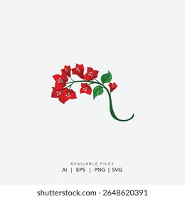 Vibrant Red Floral Branch with Green Leaves, Beautiful Red Blossom Illustration with Delicate Green Stem, Simple and Modern Red Flower Branch Clip Art