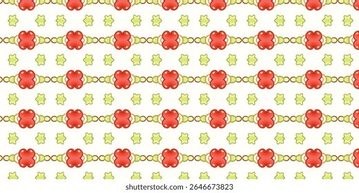 Vibrant red floral forms linked by circles, paired with green stars on cream background; seamless vector design for textiles or decor.