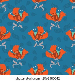 Vibrant red floral vector seamless pattern on a turquoise blue background with falling leaves