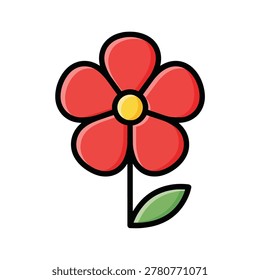 A vibrant red flower with five rounded petals and a yellow center on a simple stem with one green leaf isolated on white
