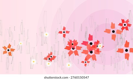Vibrant red flowers with black centers scattered on a soft pink background with delicate white brushstrokes