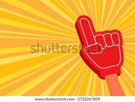 A vibrant red foam finger pointing upward against a yellow sunburst background, symbolizing victory and sports fandom. Stock illustration