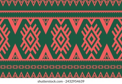 Patrones geométricos rojos vibrantes con motivos tradicionales aztecas sobre un fondo verde, adecuado para diseños de tela, textiles y papel pintado.