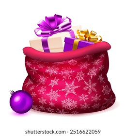 Vibrant red gift bag adorned with snowflake patterns, containing various Christmas presents. A single purple ornament is placed next to the bag.