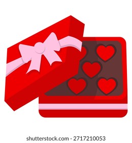 Una vibrante caja de regalo roja está abierta, revelando varios chocolates en forma de corazón en el interior, atados con una cinta rosa.