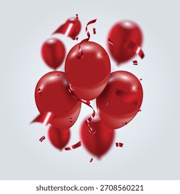 Globos de helio 3D brillantes rojos vibrantes con cinta festiva voladora y confeti de aluminio sobre fondo. Perfecto para celebraciones, promociones, grandes inauguraciones, Anuncio de fiesta, eventos festivos y anuncios. Vector