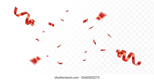 Lebendige rote und goldene Konfetti-Explosion für Feier-Design. Festliche, fallende Bänder und Streamer einzeln auf transparentem Hintergrund.