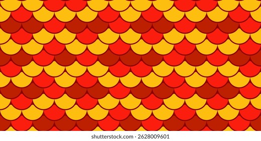 Padrão vibrante vermelho e dourado de escamas de peixe.  Perfeito para fundos, têxteis ou desenhos festivos.  Esta textura geométrica repetida evoca calor, prosperidade e uma sensação de movimento fluido.