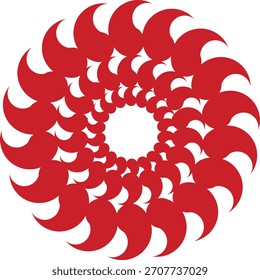 Un Diseño gráfico rojo vibrante con numerosas Formas de media luna o coma dispuestas en una forma circular apretada, concéntrica y arremolinada que crea un efecto visual dinámico, casi floral o similar a un molinete