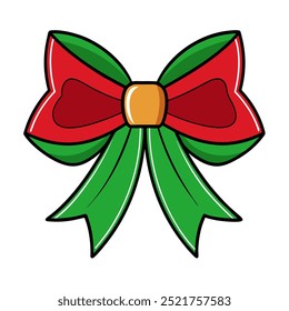 A vibrant red and green bow with a yellow center on white