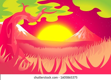 Vibrant red & green grassy landscape view scenic illustration with with mountains, starry sky and sun in the background. 
