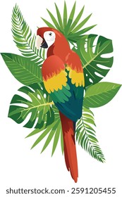 A vibrant red and green macaw, positioned slightly off-center to the left of the image, is nestled amidst a variety of tropical leaves.