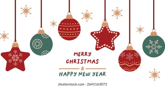 Vibrant red green ornaments suspended from ribbons adorned Seasonal motifs Snowflakes decorations Holiday season Merry Christmas and happy New Year Horizontal greeting card Transparent background