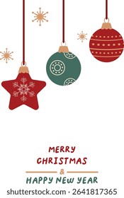 Vibrant red green ornaments suspended from ribbons adorned Seasonal motifs Snowflakes decorations Holiday season Merry Christmas and happy New Year Vertical greeting card Transparent background