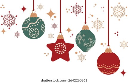 Vibrant red green ornaments suspended from ribbons adorned Seasonal motifs Snowflakes decorations Holiday season Merry Christmas Horizontal greeting card Transparent background Copy space