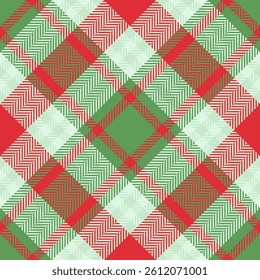 Vibrant red and green plaid pattern, perfect for festive designs.  This seamless texture features a classic crisscross design with a subtle herringbone weave, offering a touch of elegance.
