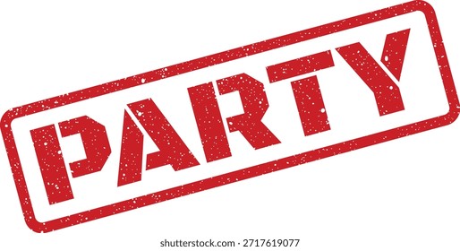 A vibrant red grunge effect rubber stamp with the word PARTY, perfect for invitations, event promotion, or celebration related content.