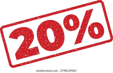 A vibrant red grunge textured rubber stamp showcasing a 20 percent off deal. Perfect for attracting attention to sales, clearances, and promotional events.