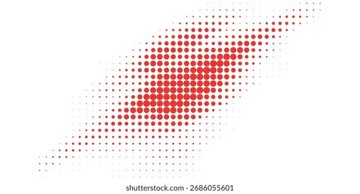 Padrão de ponto de meio-tom vermelho vibrante formando um gradiente diagonal em um fundo branco. Textura abstrata moderna para arte digital, design gráfico e projetos criativos.