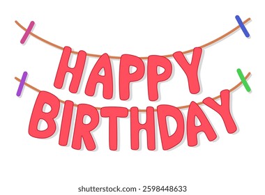 Vibrant Red Happy Birthday Vector Garland Text with Colorful Clips for Festive Party Decor, Greeting Cards, and Celebration Designs with Playful Style, Vector Design

