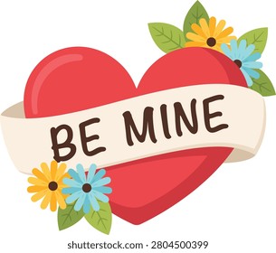 A vibrant red heart is the central overlaid with a cream-colored banner that reads 