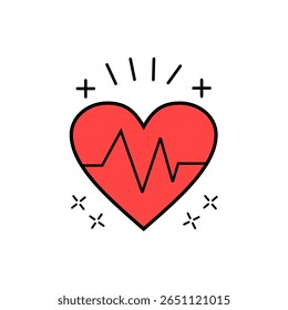 A vibrant red heart icon with a distinct heartbeat line, surrounded by positive symbols, representing good health, vitality, or medical monitoring.
