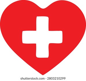 Vibrant red heart icon featuring central cross cutout isolated on transparent background perfect for medical awareness campaigns charity symbols and healthcare branding projects.