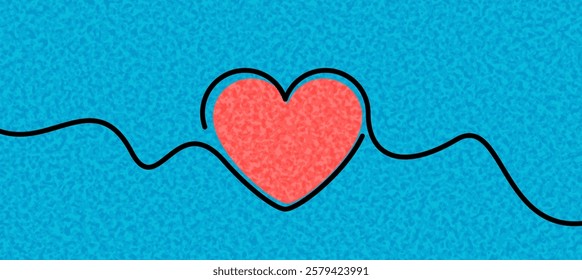 A vibrant red heart outlined in black connected by a flowing line on a textured blue background. Vector illustration.