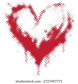 A vibrant red heart rendered in a halftone dot pattern with a distressed, grunge texture, creating a modern and edgy visual effect.