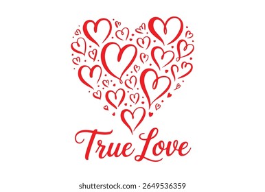 A vibrant red heart shape composed of various smaller hearts and dots, with the words "True Love" written in elegant script below. This romantic graphic is isolated on a clean white background.