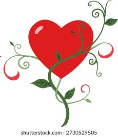 Una vibrante forma de corazón rojo entrelazado con una vid verde y Pequeñas hojas, simbolizando el amor y el crecimiento.