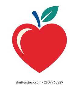 Vibrant red heart shaped apple with green leaf and blue stem on white background symbolizing love and health