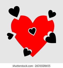 A vibrant red heart is surrounded by multiple black hearts on a light gray background, symbolizing love, affection, and connection in a bold, modern, and playful artistic design.