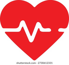 Coração vermelho vibrante com uma linha branca de ECG representando amor, saúde e assistência médica em um design limpo