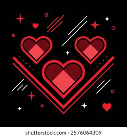 Vibrant Red Hearts Illustration on a Black Background with Geometric Accents