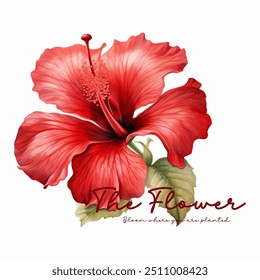 Vibrant red hibiscus flower with green leaves and inspiring quote. design for botanical art, nature lovers, and floral designs. red, flower, typography, inspirational quote, hibiscus.