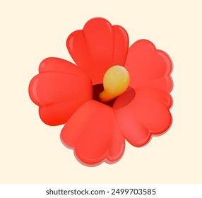 Vibrant red hibiscus with a yellow center on a light background. 3D tropical flower. Simple cartoon illustration.