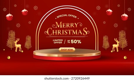Banner de férias vermelho vibrante com um pódio dourado, rena festiva e gráficos de Natal elegantes. Perfeito para promover uma venda por tempo limitado, ideias de presentes e descontos sazonais.