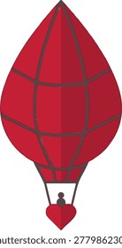 A vibrant red hot air balloon soaring through the sky with a single passenger in the basket, symbolizing adventure and freedom in a simple, vector illustration style.