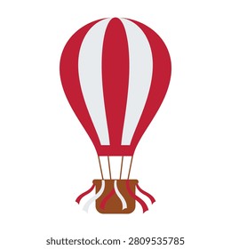 Vibrant red hot air balloon soaring through clear sky with brown basket attached