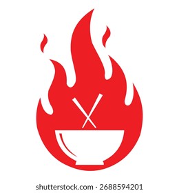 Un icono rojo vibrante que representa un cuenco humeante con palillos cruzados, envuelto en llamas, que representa la cocina asiática caliente y picante o una experiencia culinaria ardiente.