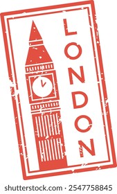 Vibrant red ink grunge rubber stamp with london and big ben, ideal for travel themed projects. Evokes adventure in london, known for rich culture and stunning architecture