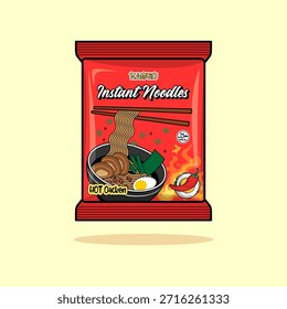 Fideos instantáneos rojos vibrantes que empaquetan con sabor caliente del pollo