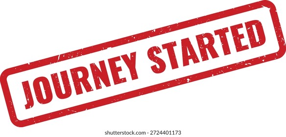 Lebendig rot JOURNEY STARTED Gummistempel mit farbiger Textur, perfekt für neue Anfänge, Projekte oder Fortschritte in verschiedenen professionellen Kontexten.